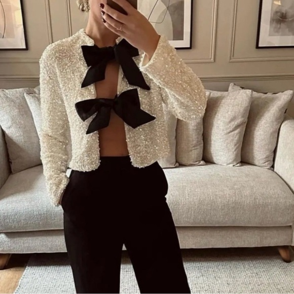 H&M viral bloggers fav white sequin black bow ribbon tie front cardigan sweater - Picture 2 of 7